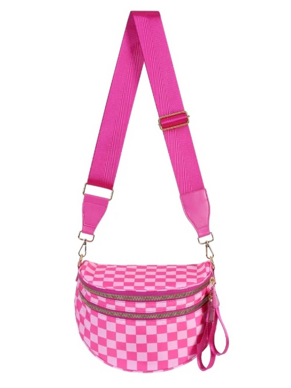 Hot Pink Checkered Crossbody Bag with Wide Strap and hot pink chain